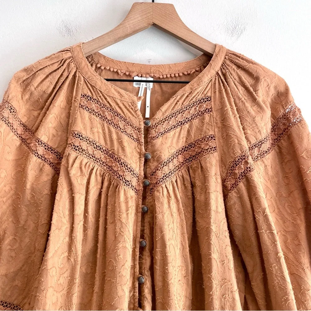 By Anthropologie Harmony Button Down Front Crochet Inset Puff Sleeve Top